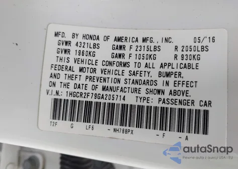 2016 Honda Accord Ex z USA, uszkodzony, nr VIN 1HGCR2F79GA205714